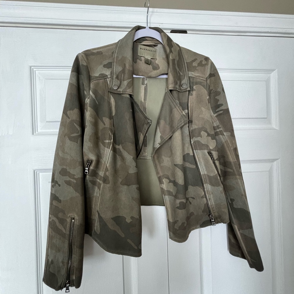 Army print, suede moto jacket
